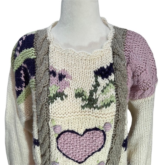 𝅺vintage 90's Patchwork Handknit Beige Chunky Knit Cozy Sweater Size M - Picture 3 of 8